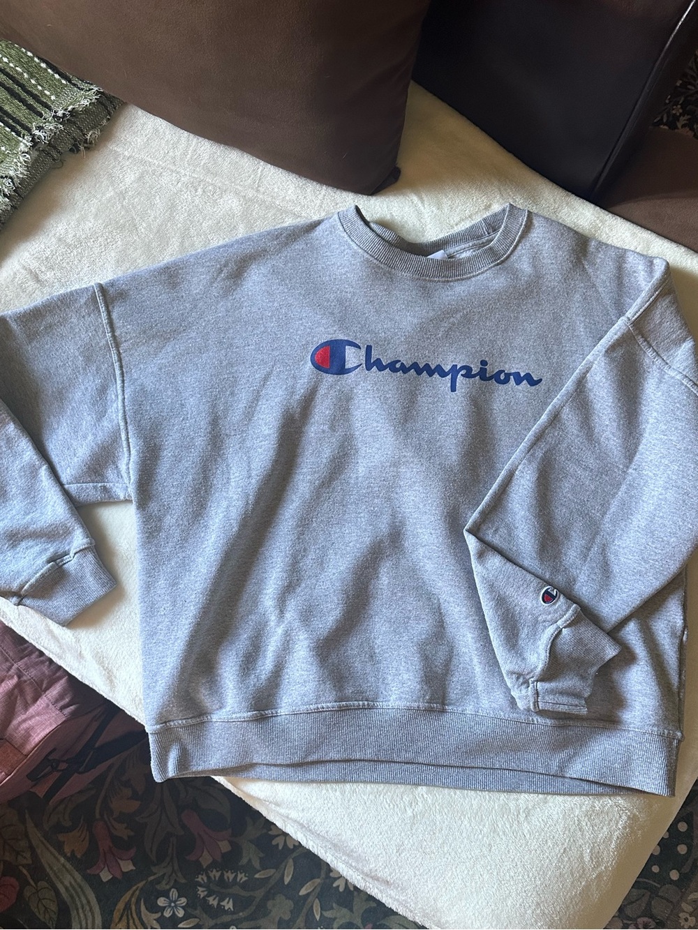 Women’s Champion Gray Crewneck Sweatshirt with Blue & Red Logo
